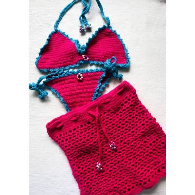 Gehäkelter Bikini mit Rock | Boho Strand-Outfit in Magenta & Türkis | Festival-Set | XS