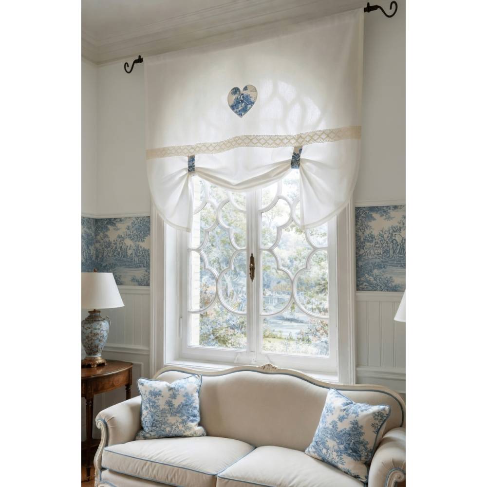 Raffrollo Gardine Breite versch. Breite 60/80/100/120/140 cm naturweiß Toile de Jouy blau Raffgardine Landhausstil
