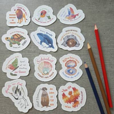 Papiersticker mit Tieren und positiven Affirmationen, 1 Bogen mit 12 Stickern, Motive frei wählbar