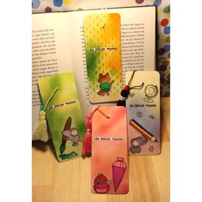Handgefertigte Lesezeichen mit Tiermotiv, Schulmotiv und Quaste,besonders geeignet zur Einschulung / Schulkind, Geschenk