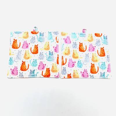 Topflappen Katzen 2er Set Baumwolle 19x19 Hitzeschutz Küche Untersetzer Geschenk Katzenmotive Punkte Bunt Pastell Weiß