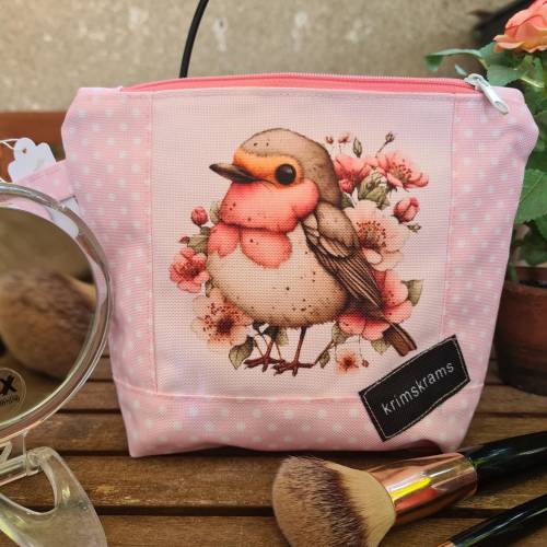 Kosmetiktasche Rotkehlchen floral | Schminktasche rosa Punkte | Kulturbeutel handmade | Make-up Tasche Vogel Blüten