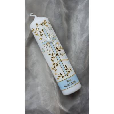Taufkerze zartblau - gold Taube - Personalisierte Kerze zur Taufe Konfirmation mit Namen & Datum 250/60 mm