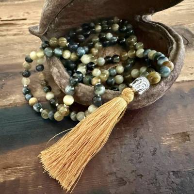 Mala Kette - Tigerauge & Edelstahl, Buddha