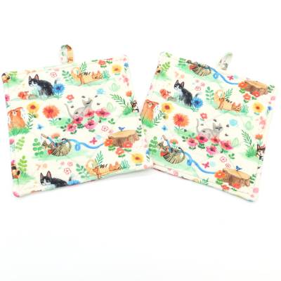 Topflappen Garten 2er Set Baumwolle 19x19 Hitzeschutz Küche Untersetzer Katzenmotiv Blumen Küchendeko Handarbeit Bunt