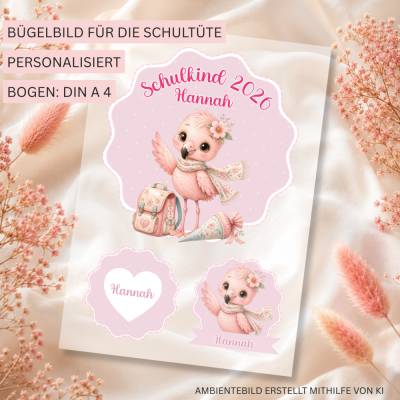 Bügelbild für die Schultüte | Einschulung | Flamingo | Hochwertiger DTV Druck | ID 113