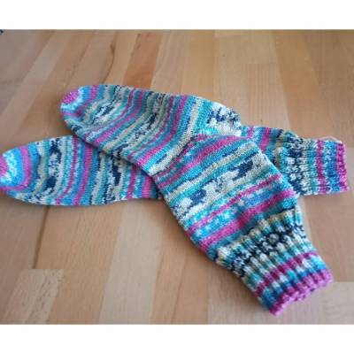 Handgestrickte Socken pink türkis Größe 40/41 Opal Wolle, Bumerangferse, perfekter Sitz