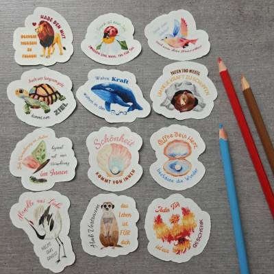 Wasserfeste Sticker mit Tieren und positiven Affirmationen, 1 Bogen mit 12 Stickern, Motive frei wählbar