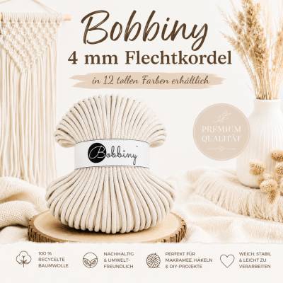 Bobbiny 4 mm Flechtkordel | Classic Baumwollkordel | Makramee Garn | Rope Yarn | 100 m | in 12 Farben