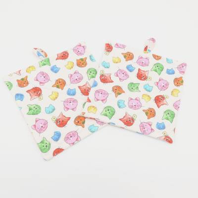 Topflappen Katzenköpfe 2er Set Baumwolle 19x19 Hitzeschutz Küche Untersetzer Geschenk Aquarell Katzen Bunt Weiß Lustig