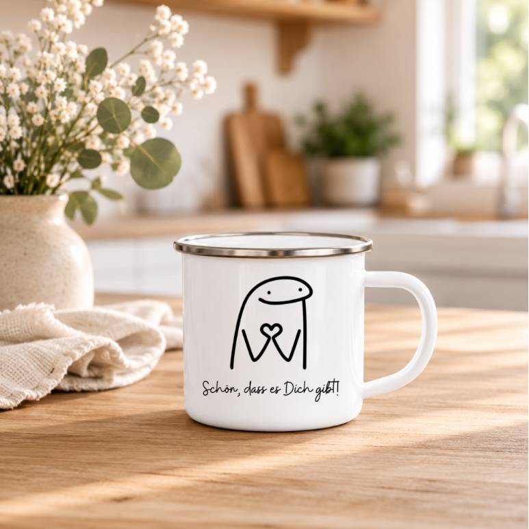 Schön dass es Dich gibt - Emaille Tasse Sprüche | Minimalistische Geschenk Tasse | Herz Motiv