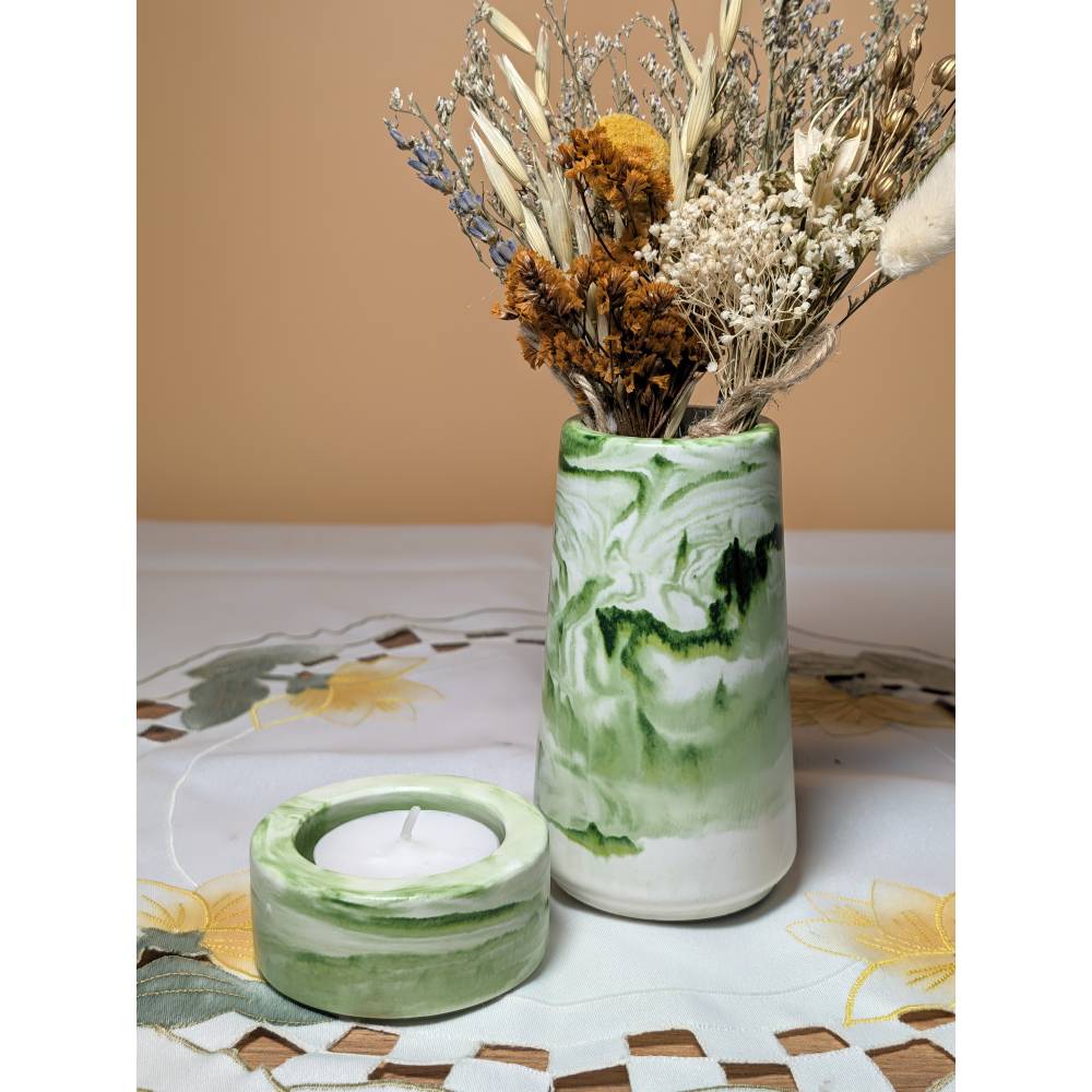 Vasen-Set aus Raysin 200 grün marmoriert – Kleine wasserdichte Blumenvase & Teelichthalter handgefertigt