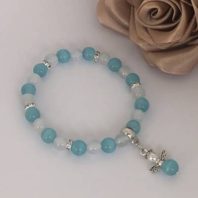Schutzengel Armband Katzenaugen Perlen türkis und weiß 15-18cm Umfang Modeschmuck