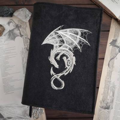 Buchhülle Drachensiegel für Hardcover & Taschenbücher bis 22 cm | verstellbarer Buchumschlag mit Drachenstickerei