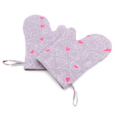 Topfhandschuhe Katzen 2er Set Baumwolle Ofenhandschuhe Thermolam Hitzeschutz Küche Backhandschuhe Grau Pink Herzen Handa