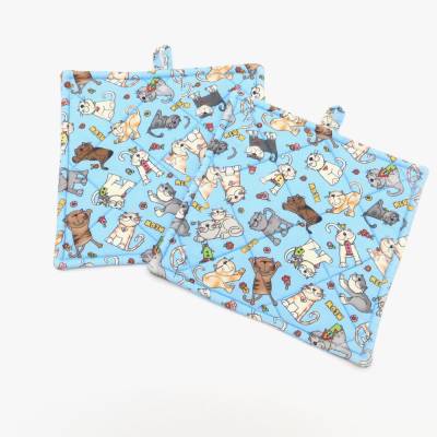 2er Set Topflappen Baumwolle 19x19 cm Thermolam Hitzeschutz Küche Untersetzer Geschenk Hellblau Comic Katzen Motiv Meow