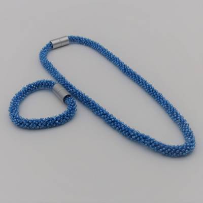 Schmuckset gehäkelt, türkisblau irisierend, Kette + Armband, 49 + 20 cm, Glasperlen, Häkelschmuck, Unikat