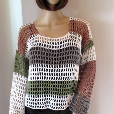 Sweater, Pullover, Netz-Pullover, Mesh-Sweater, aus Baumwolle mit Viskose und Leinen, gehäkelt