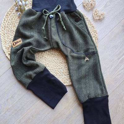 Pumphose Jacquard Pants Gr.98/104 Unisex Kinderhose grün Unikat,Bio Baumwolle