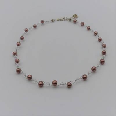 Zartes Collier, 2-fädige Halskette, Perlenkette, kupfer transparent, Glasperlen, 43+5 cm, Karabiner