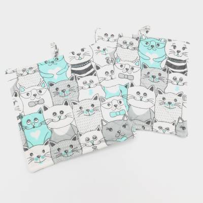 Topflappen Katzenmotiv 2er Set Baumwolle 19x19 Hitzeschutz Küche Untersetzer Türkis Grau Küchendeko Handarbeit Modern