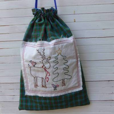 Nachhaltiger Geschenkbeutel Weihnachten | Handgestickter Elch | Stoffbeutel Geschenkverpackung