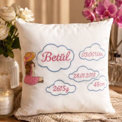 Personalisiertes Geburtskissen | Mit Wunschname, Geburtsdaten & Mädchen-Stickerei | 40 × 40 cm | Baumwolle | Baby