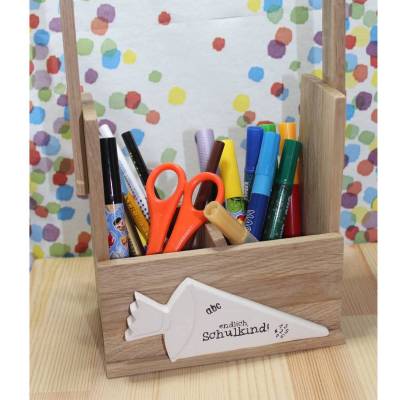 Handgefertigte Holz Stiftebox mit Schultüte | Stiftehalter |Einschulung | Schreibtisch Organizer Kind |