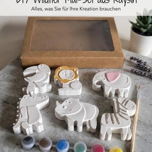 DIY Tiere Bastelset Raysin – Kreativset zum Bemalen mit Gipsfigur, Farben & Pinsel – Geschenkidee Einschulung, Kindergeb