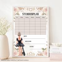 Digitaler Stundenplan Ballerina, Boho Watercolor Design für die Schule, Printable PDF