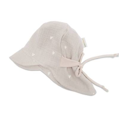 Musselin Sonnenhut zum mitwachsen mit verlängertem Nackenschutz & Sonnendach Herzen beige