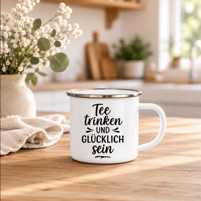 Tee trinken und glücklich sein - Emaille Tasse | Lustige Tee Tasse | Geschenk für Teeliebhaber