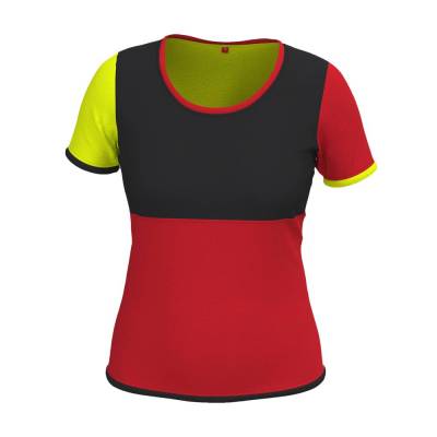 Damen Colorblock Shirt Nikita | Techno-Head Trikot Charakter |  Farbkombination 2 aus schwarz rot neongelb