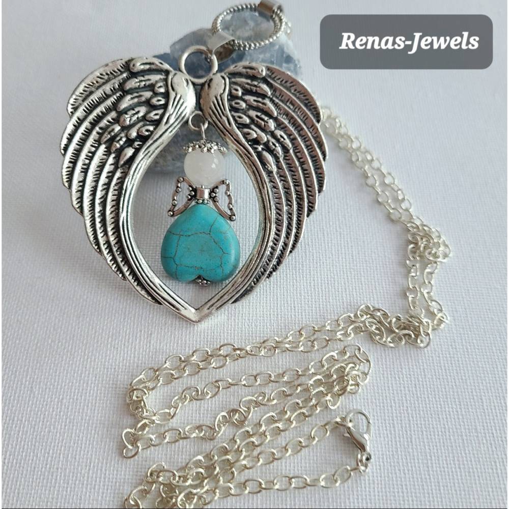 Lange Edelsteinkette mit Schutzengel Anhänger – Türkis Herz, Jade Perle & Engelflügel – Flügelkette Bild 2