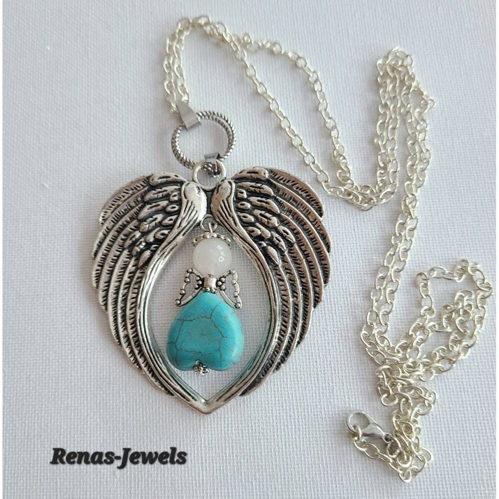 Lange Edelsteinkette mit Schutzengel Anhänger – Türkis Herz, Jade Perle & Engelflügel – Flügelkette Bild 3