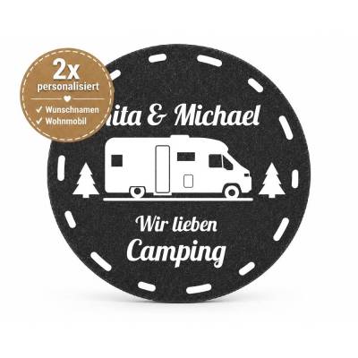 4 Filz-Untersetzer Camping 2 Fach personalisiert mit Wunschtext und Motiv, Geschenk für Camper, Wohnwagen Deko,Wohnmobil