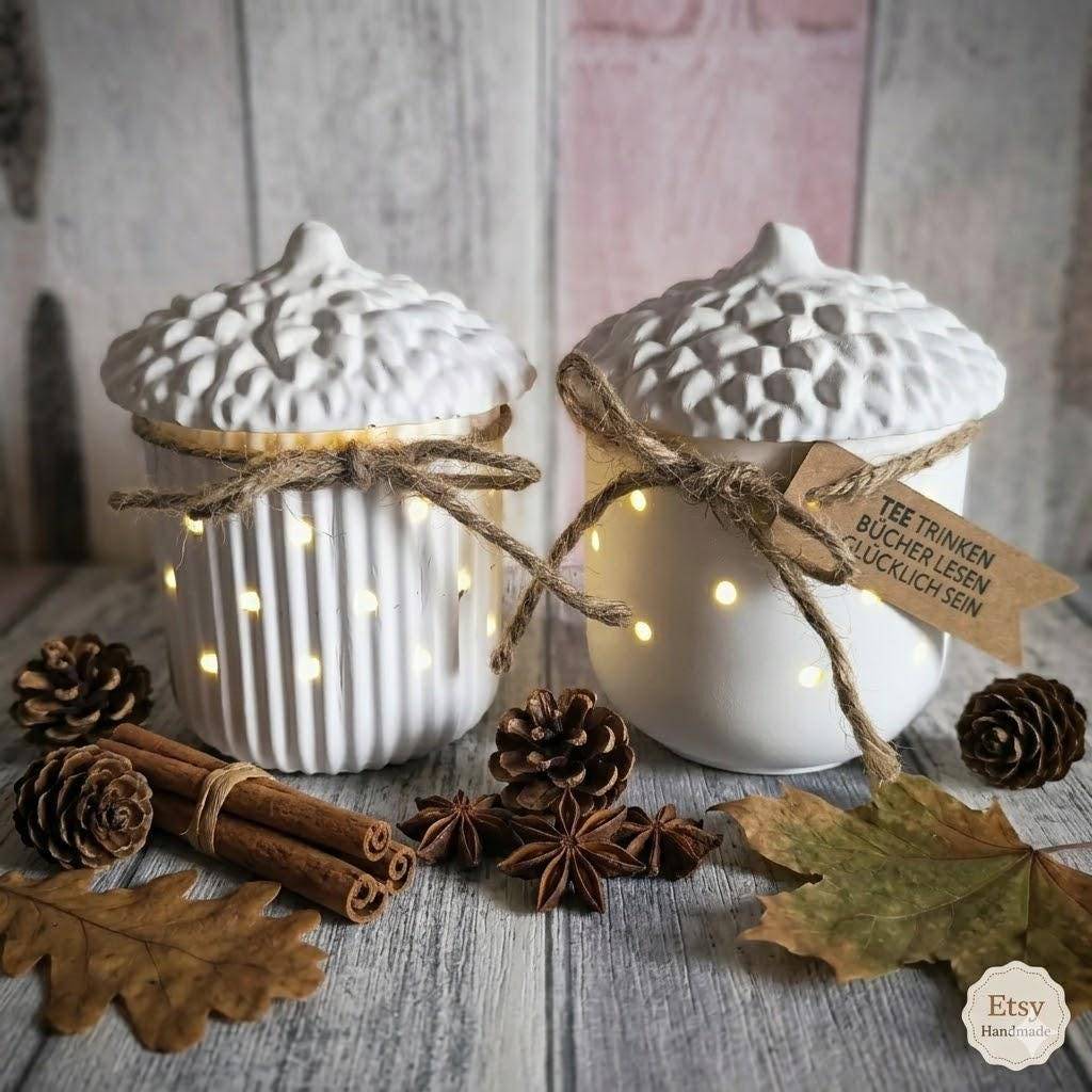 Herbstdeko Eichel Windlicht Set, Raysin Deko gemütlich, Lichterkette