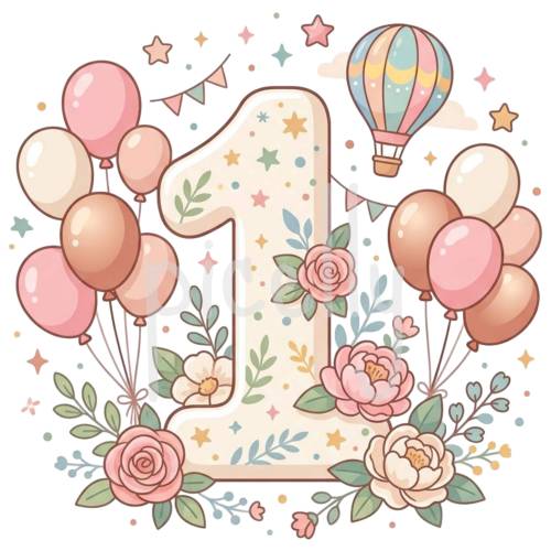 1. Geburtstag PNG, Erster Geburtstag Mädchen Ballon Design für T-Shirt, Tasse, Kissen, Karte, Kinderparty Sublimation