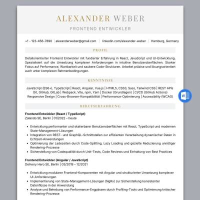 Lebenslauf Frontend-Entwickler Vorlage Word mit Anschreiben | Bewerbung für Webentwickler & Fullstack Developer