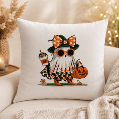 Halloween Dekokissen 40 × 40 cm | Besticktes Geisterkissen | Herbstkissen | Halloween Deko | Baumwolle | Geschenk