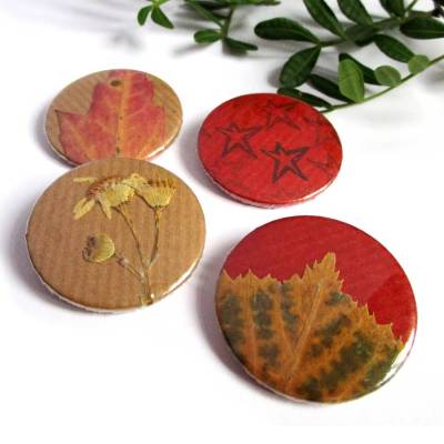 Herbst in Berlin, Buttonset, gepresste Blüten und Blätter. 4-er Set 38mm, handgemacht.