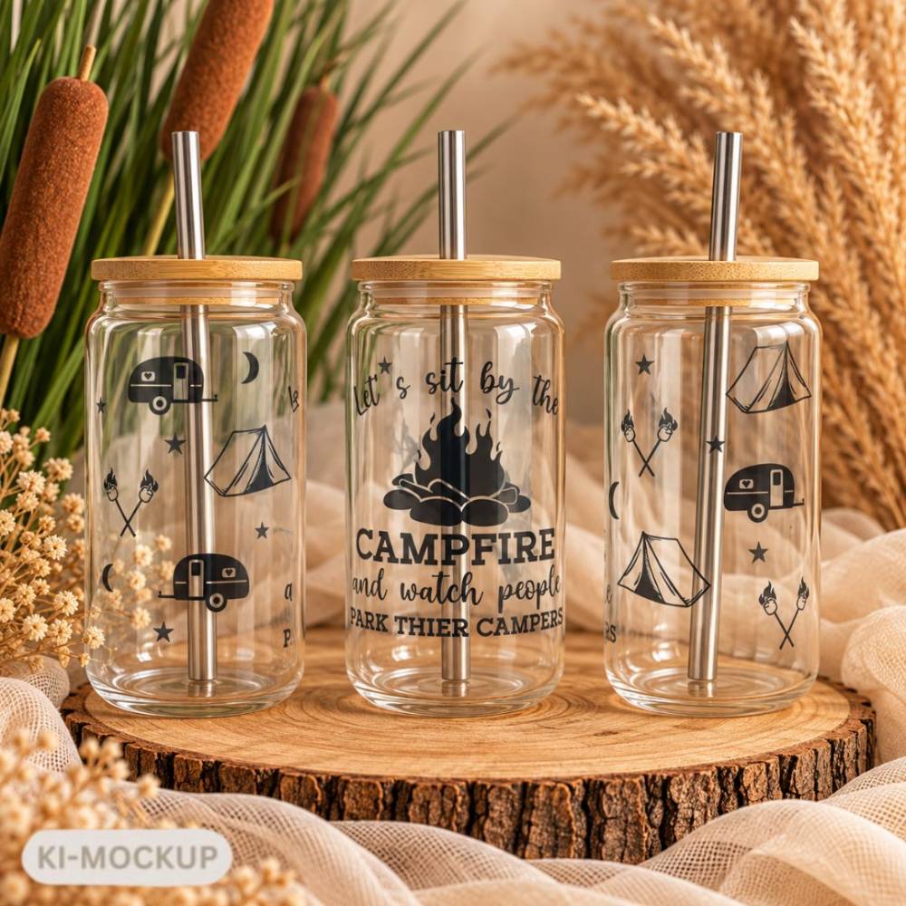 Trinkglas Camping 550 ml | „Let's sit by the Campfire“ | Glas mit Bambusdeckel & Metallstrohhalm