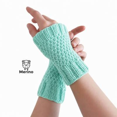 Pulswärmer 100 % Merino-Wolle handgestrickt mintgrün - Damen - Einheitsgröße - Modell 11