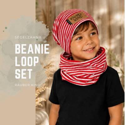 Beanie Loop Set Kinder | Kindermütze & Schlupfschal | gefüttert oder ungefüttert | rot geringelt
