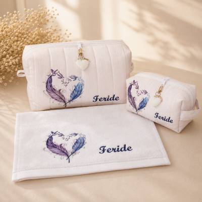 Personalisiertes Geschenkset | Gästehandtuch & 2 Kosmetiktaschen | Mit Wunschname | Herzanhänger | Federherz-Stickerei