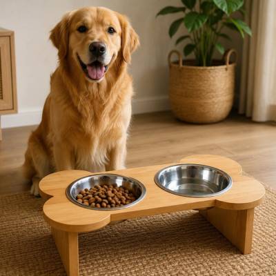 Futterstation für mittlere & größere Hunde, Napfständer aus massivem Buchenholz + 2 Futternäpfe aus Edelstahl