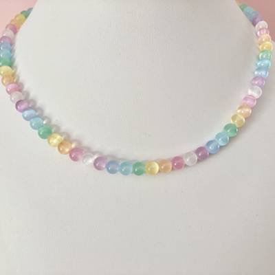 Bunte Edelsteinkette: Selenitkette mit Silberverschluss, 44 cm lang, Selenit bonbonfarben, Geschenk Frau, Handarbeit