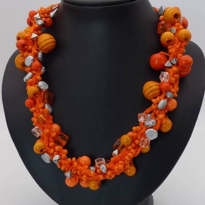 Häkelkette orange silber - Collier gehäkelt - 50 cm - Holzperlen - Acrylperlen - Halskette - Statementschmuck