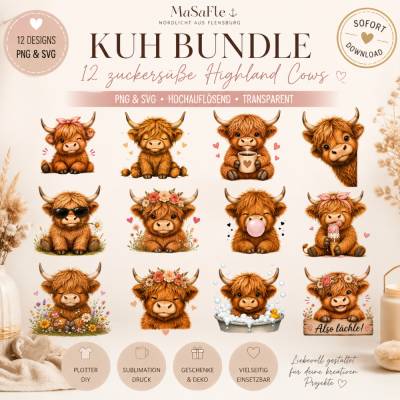 Highland Cow Bundle – 12 zuckersüße Kuh Designs | PNG & SVG | Digitale Dateien für Plotter, Sublimation und DIY, Cricut 
