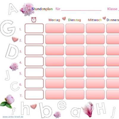 Stundenplan rosè Blüten + Buchstaben zum Ausmalen A-J  PDF – DIN A4 zum Ausdrucken
